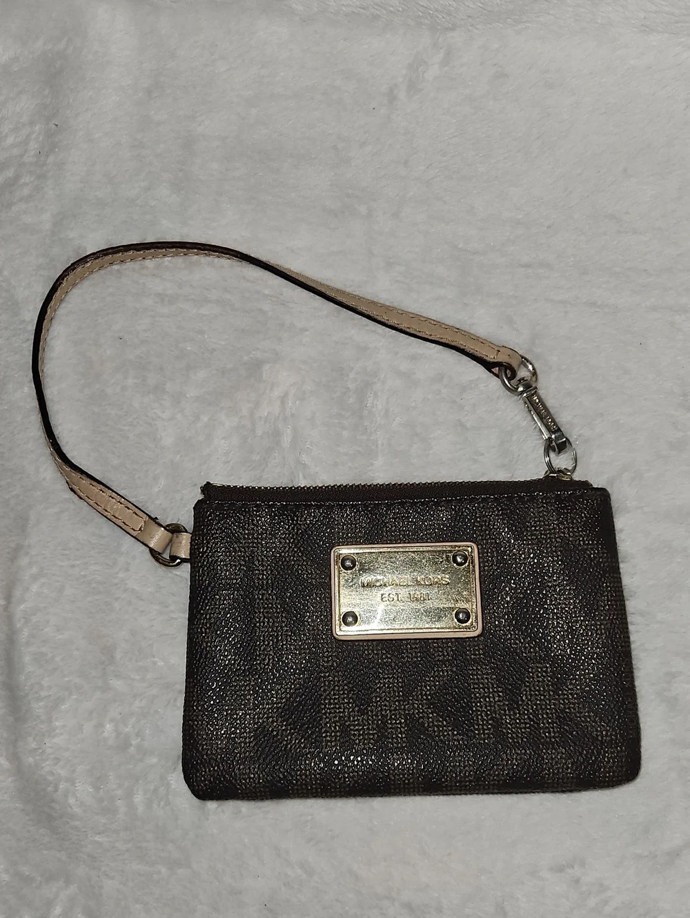 Michael Kors Dark Brown Signature Wristlet with Beige Strap